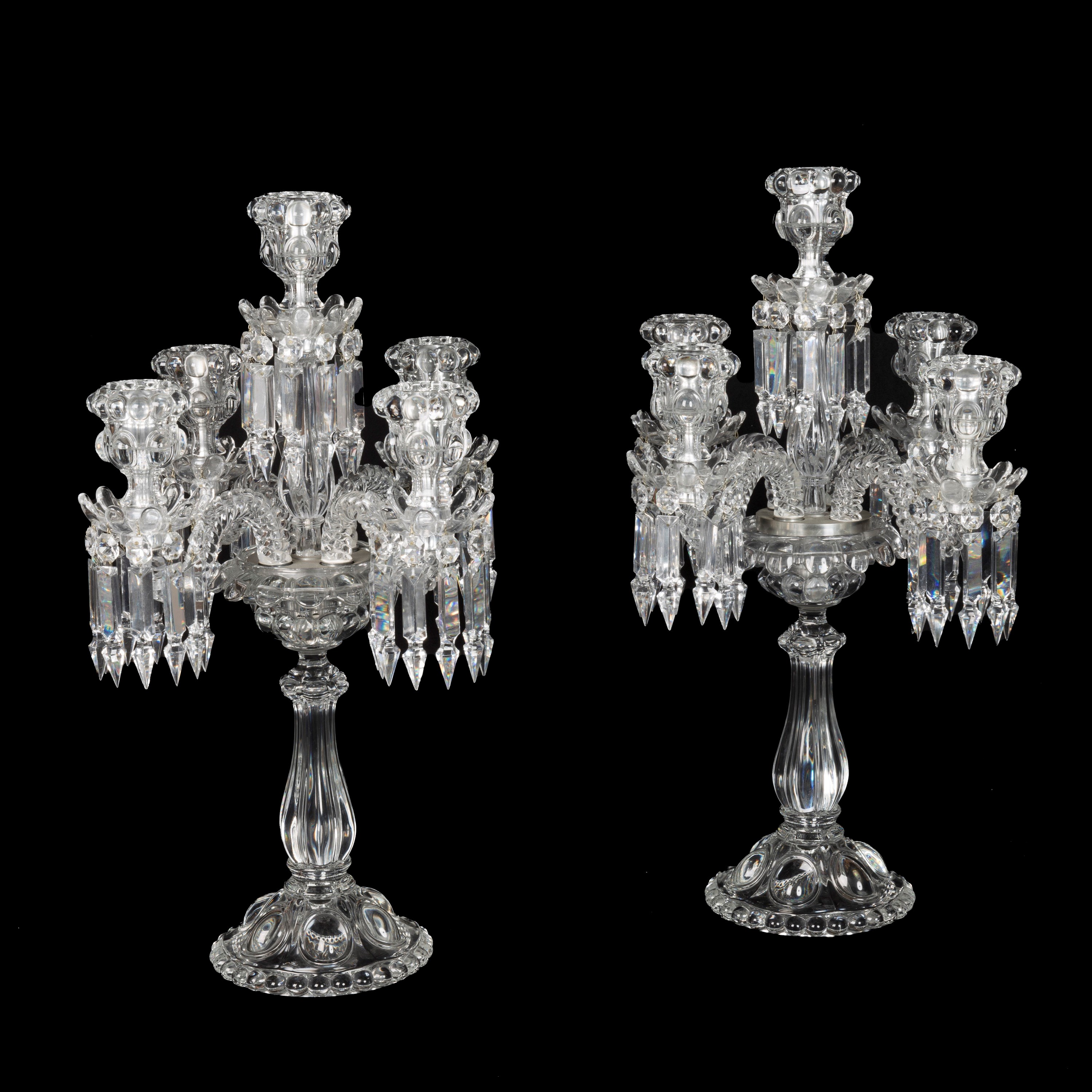 A Pair of Large Moulded and Cut Glass 5-Light Table Candelabra By Baccarat
