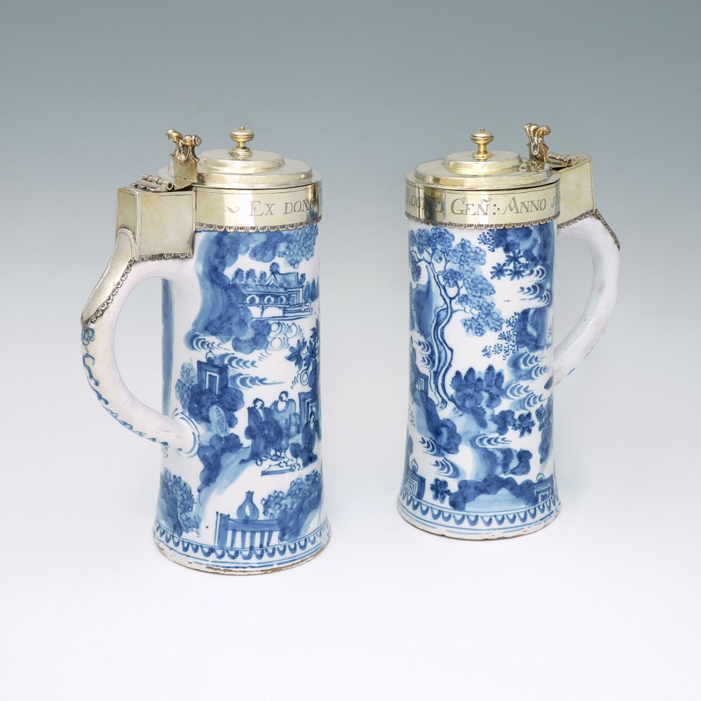 A Pair of Charles II Antique English Silver-Gilt Mounted Dutch Delftware Blue and White Flagons