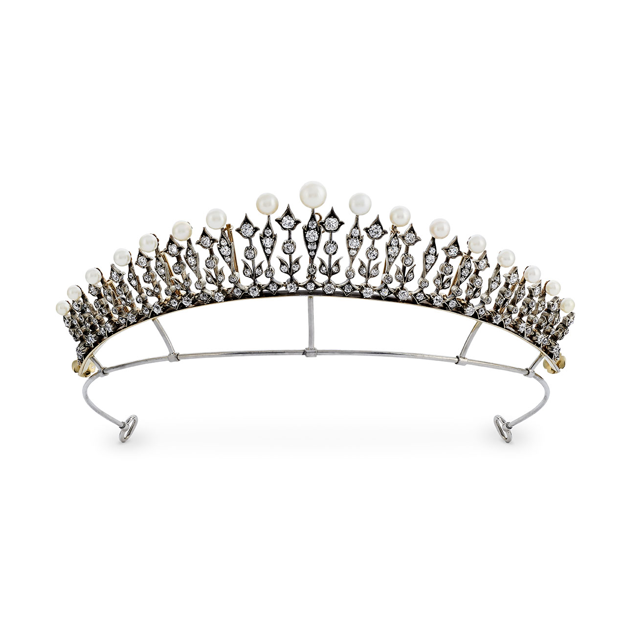 An antique diamond and pearl tiara